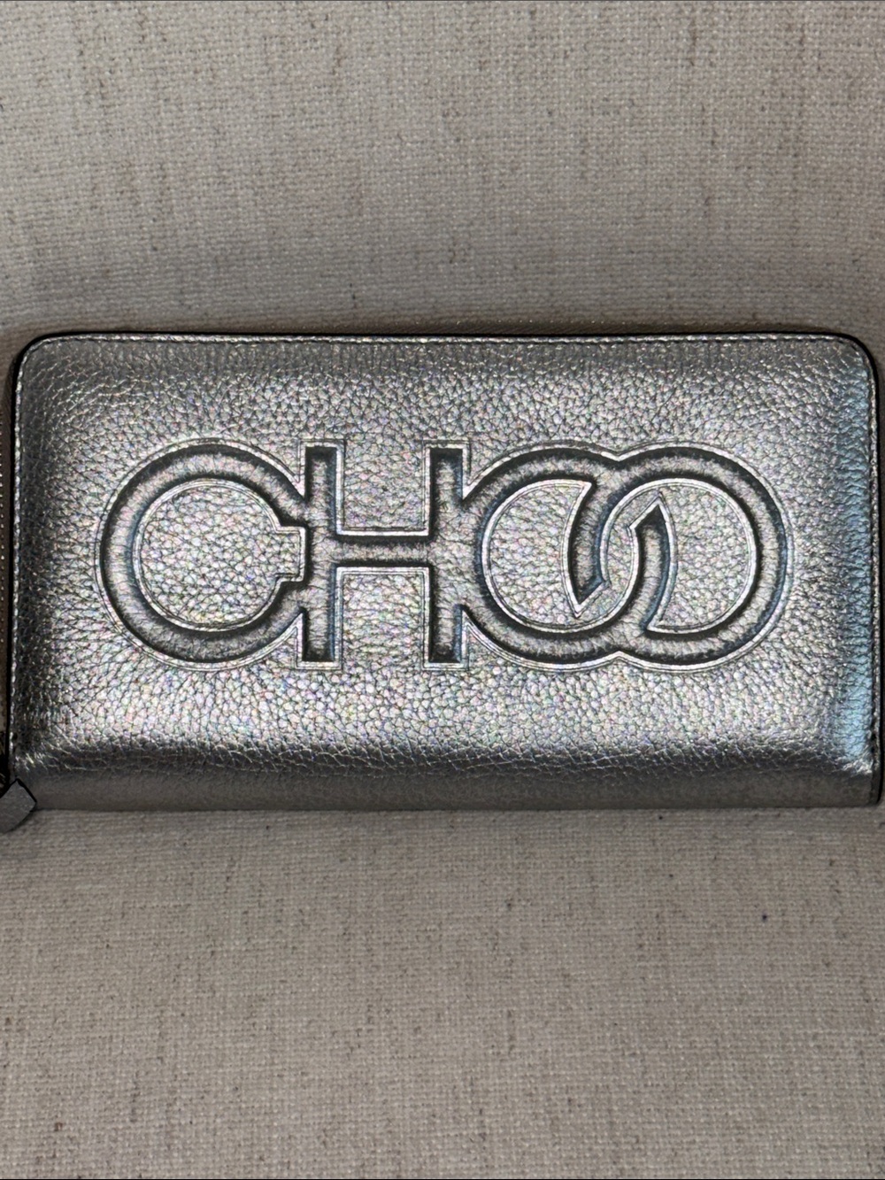 Jimmy Choo Metallic Embossed Logo Zip-Around Wallet - Silver